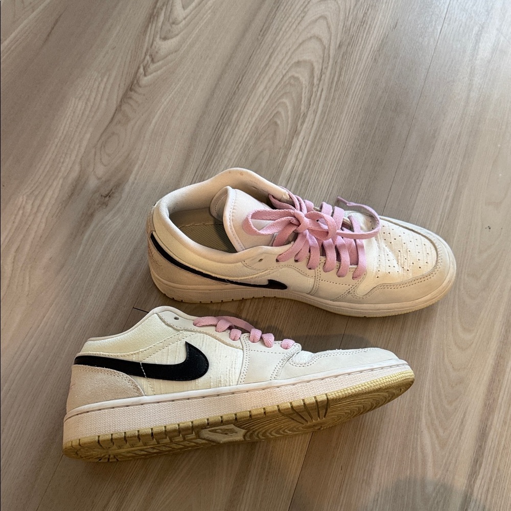 Jordan White and Pink Sneakers with Black Swoosh